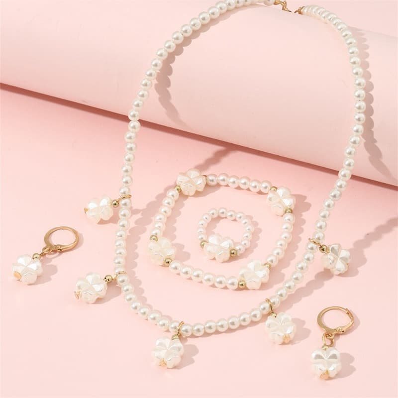 Jóias Pérola Colar Infantil Feminino Pulseira Anel Brincos De 4 Peças Conjunto De Aniversário Acessórios