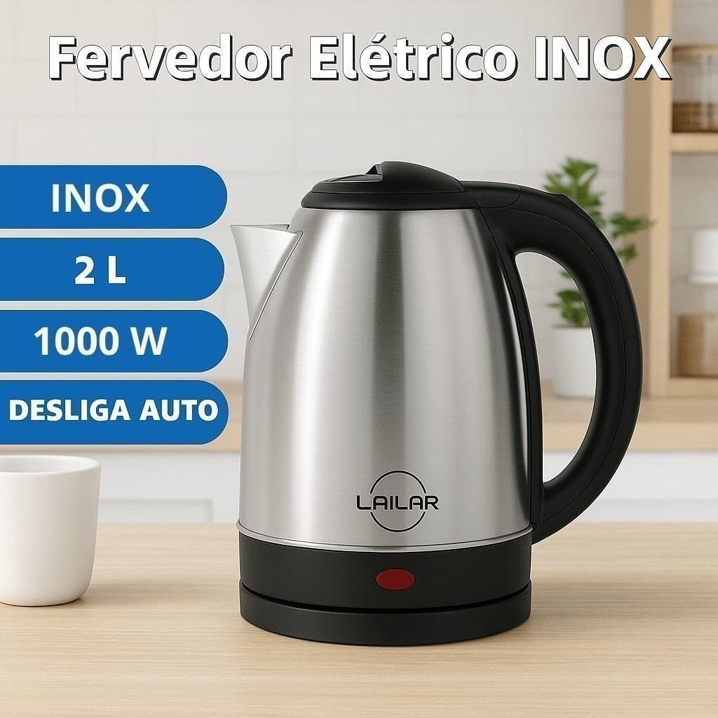 Chaleira Elétrica Inox 2 Litros Lailar – Ferve Rápido, Um Toque, Desligamento Automático