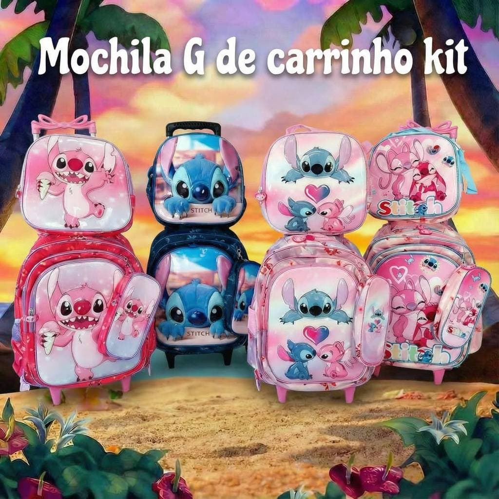 Kit Mochila Escolar Stitch Estojo Lancheira e Mochila com Carrinho Fixo Variacao de Acordo com a Foto