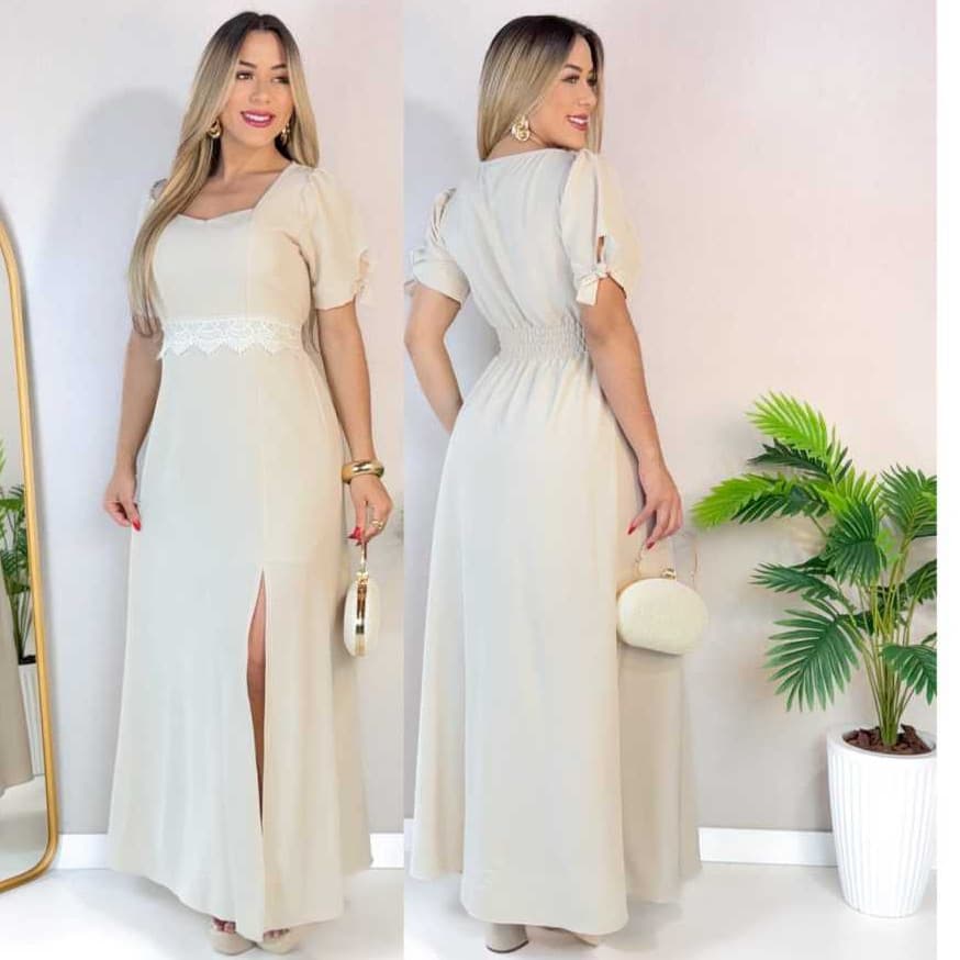 vestido longo estilo moda evangelica com fenda na frente com amarracao manga