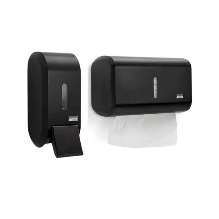 Kit Saboneteira Dispenser e Porta Papel Toalha Parede Banheiro Premisse Urban Compacto Branco  Preto