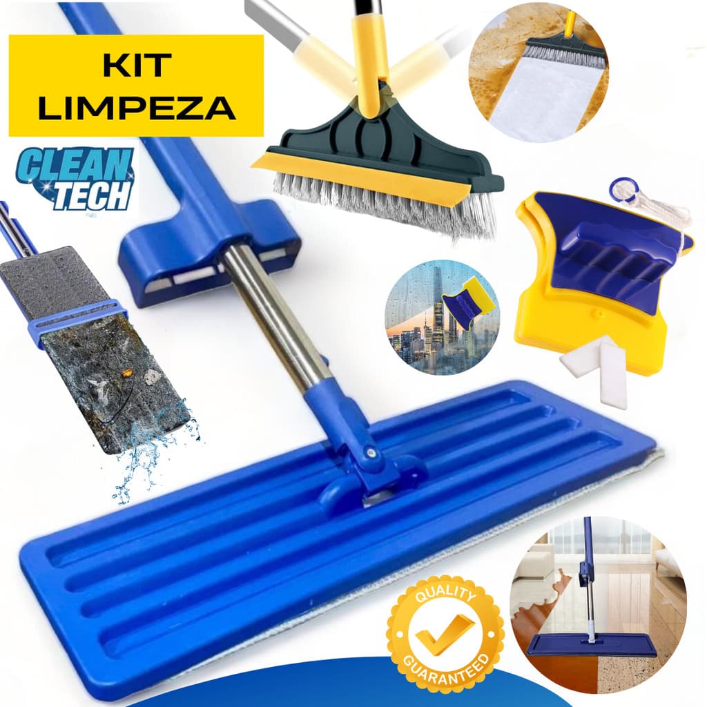 Kit Limpeza Completa Mop Flat 360° + Rodo Escova 2x1 + Limpador Magnético Vidros