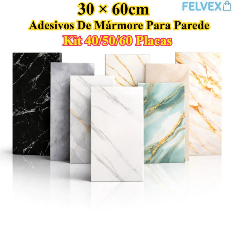 [FEL] KIT 40/50/60 Placas Adesivos De Mármore Para Parede (30x60CM)  - Diversos Modelos Disponíveis