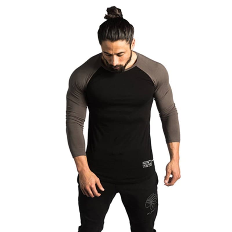 Camiseta esportiva muscular masculina manga três quartos terno de treinamento de corrida de manga comprida calças de Fit