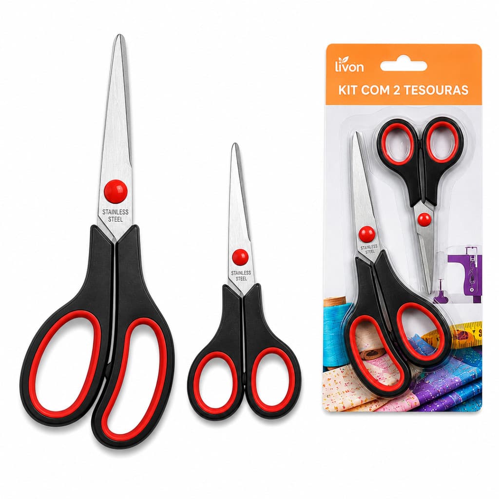 Kit Com 2 Tesouras de Corte Multiuso  Cozinha, Papelaria, Artesanato, Escolar