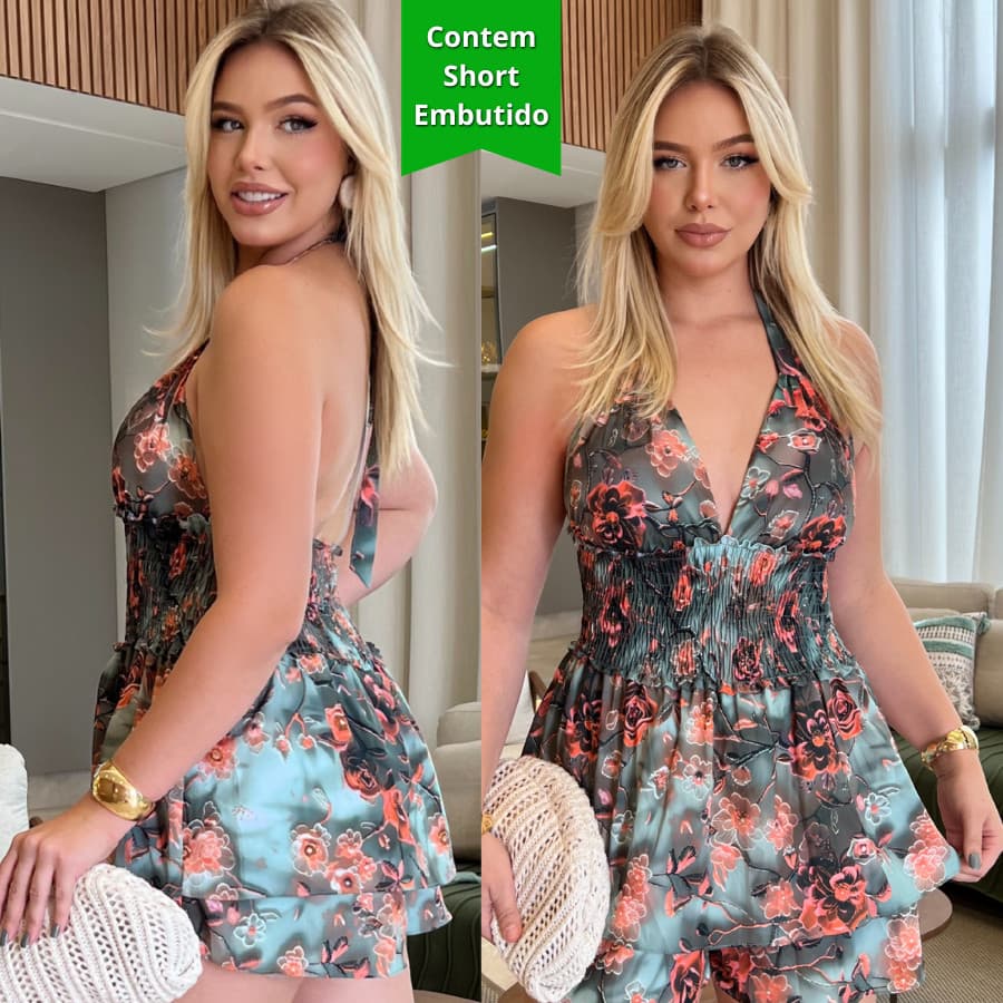 Vestido Tropical Com Short Embutido E Bojo e elastex na cintura Moda Praia Primavera Verão