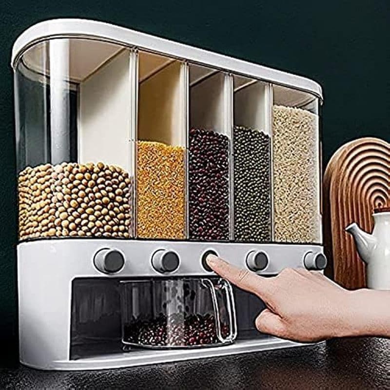 Dispensador De Alimentos Secos , Cereais De 5 Grades Montado Na Parede Arroz , 25 Libras , Armazenamento De Cozinha Com