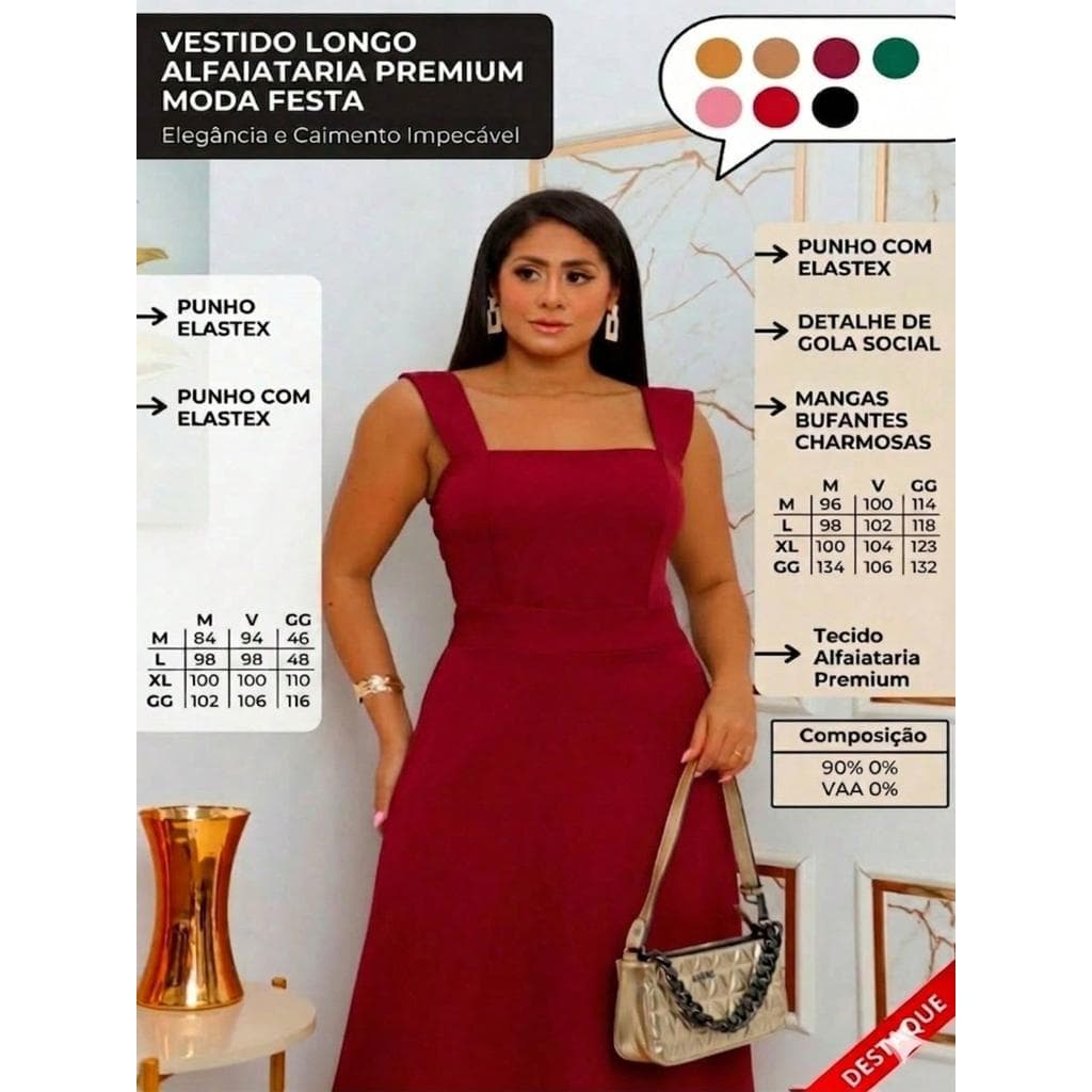 Vestido Longo Alfaiataria Liso Caimento Perfeito Tecido Encunhado