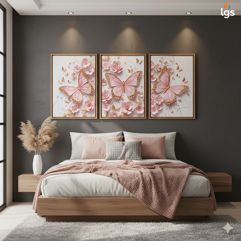 Quadro Decorativo Trio Borboleta Rosa Tons Dourado Menina Delicado Arte Luxo Sala hall Quarto 120x60