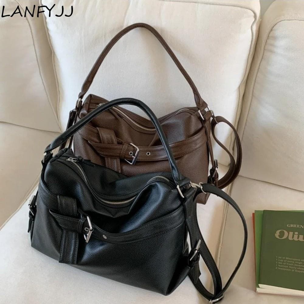 LANFYJJ Bolsa Tote De Couro , De Ombro Macia Para Motocicleta De Grande Capacidade , Fivela De Cinto , Design Plissado N