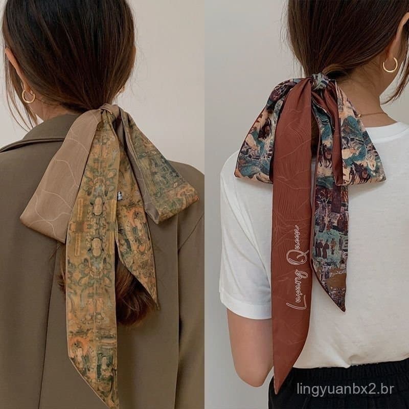 Lenço de seda estreito e longo de 1,5 metros, estilo chinês, faixa de cabelo, fita para amarrar o cabelo, faixa de cintu