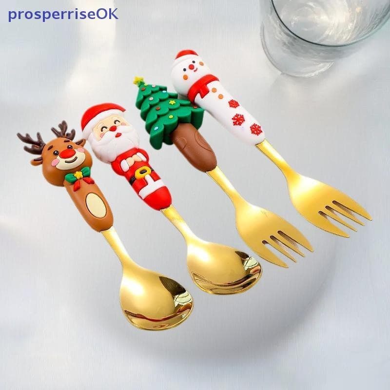 [newpros] Conjunto De 4 Peças De Garfo E Colher De Natal Talheres Criativos De Aço Inoxidável Café Chá Sobremesa Garfos