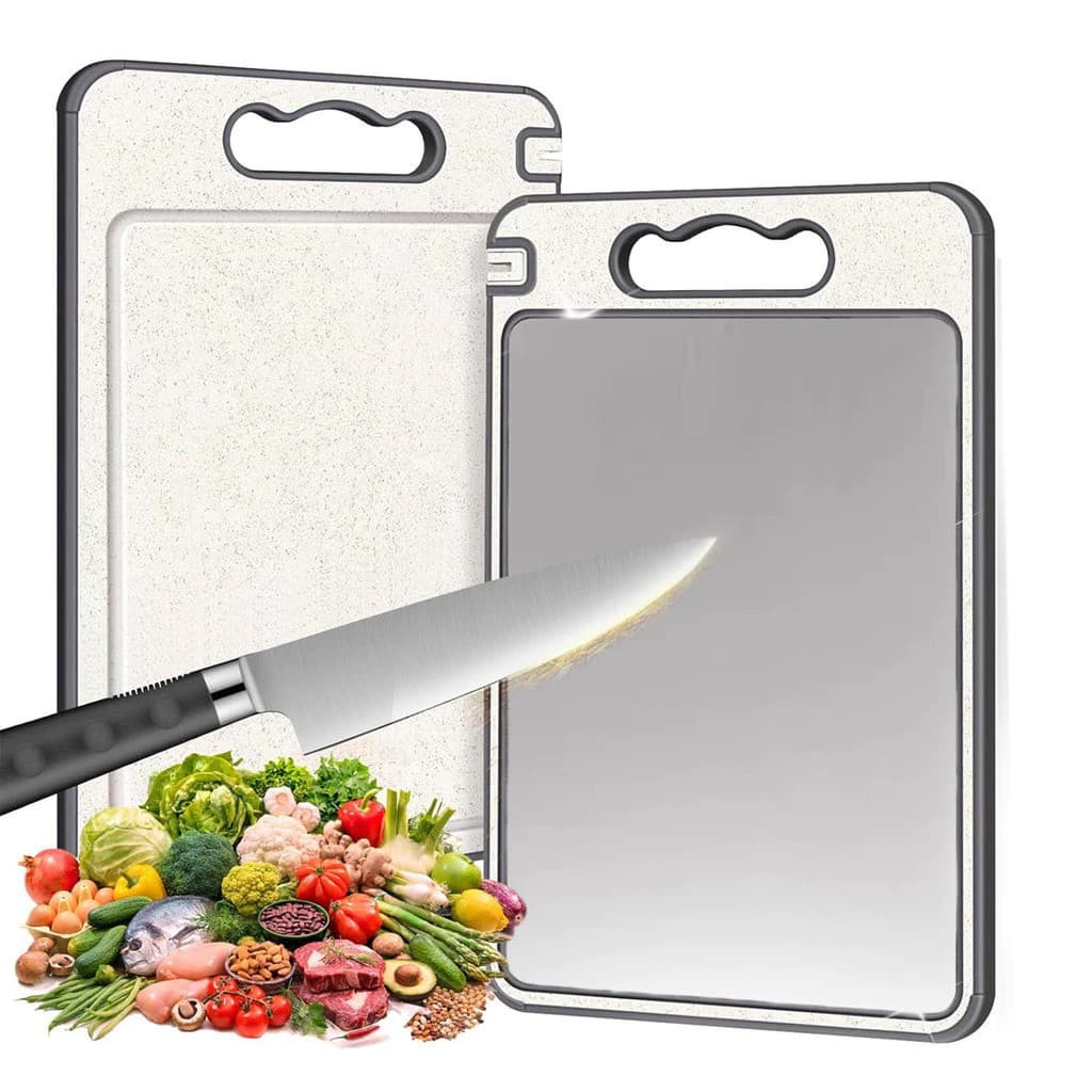 Tábua de Corte Cortar Carne Placa Dupla Face Higiênica em Aço Inox e PP com Afiador e Alça  o para Cozinha e Jantar