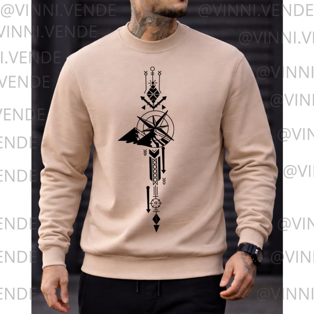 Moletom Masculino Bege Estampa Tribal Geométrica Streetwear Algodão Conforto Premium Top