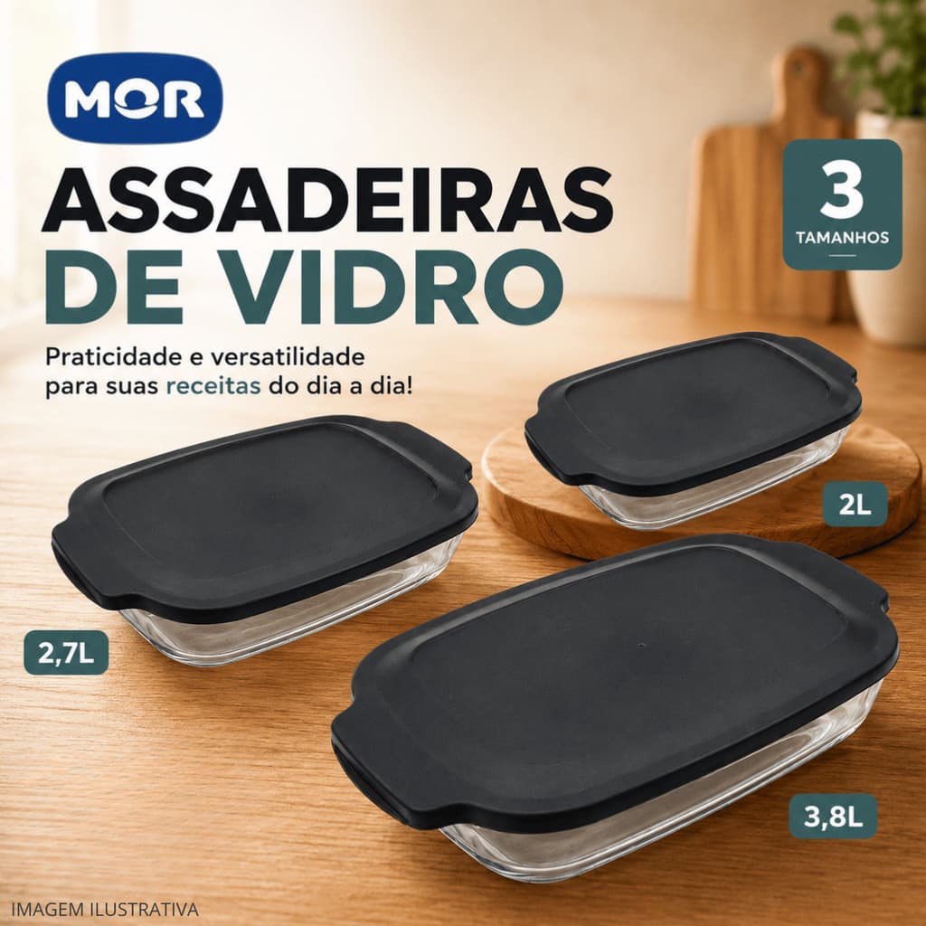 Assadeira de Vidro Mor com Tampa 2L/2,7L/3,8L— Refratário Lasanheira Travessa Alta para Forno e Mesa