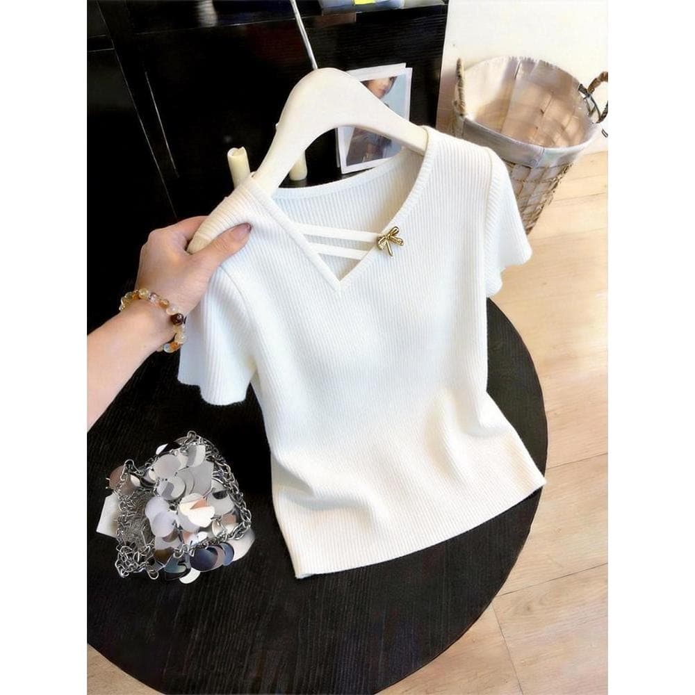 Slim-fit Slimmer Look [40-100kg] Camiseta leve de luxo com decote em V de seda gelada de manga curta feminina Design de
