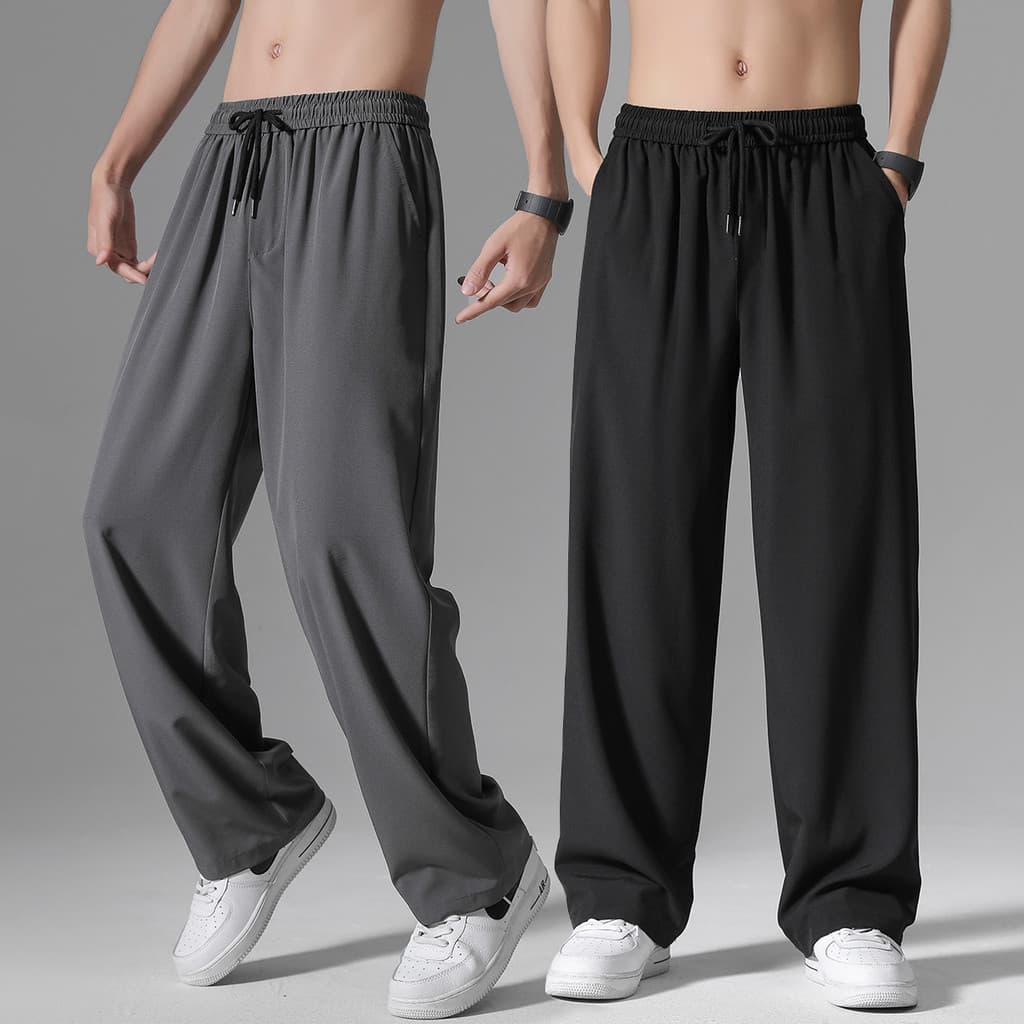 Verão gelo seda calças de perna larga homens estilo fino Drape de secagem rápida calças de perna reta masculino solto re