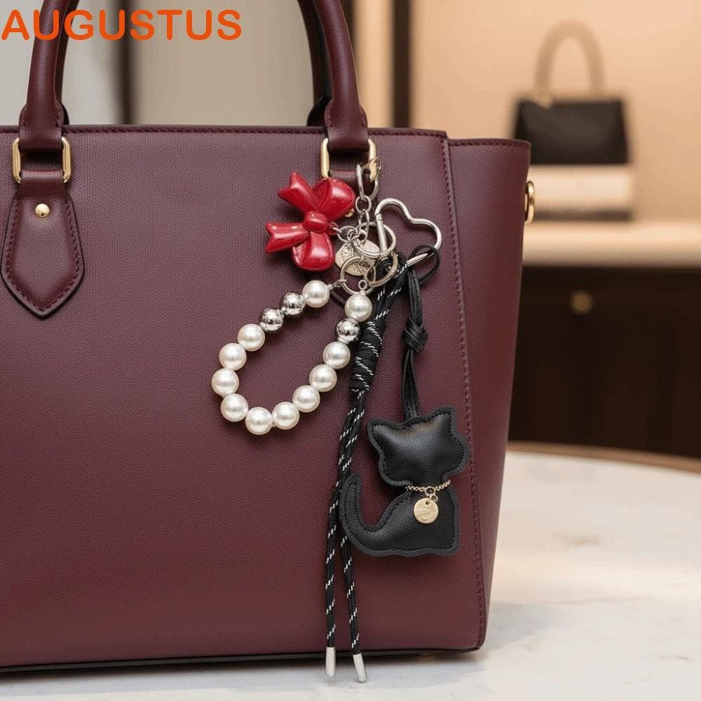 Pingente De Gato De Couro AUGUSTUS , Chaveiro De Corda De Contas Com Laço De Pérola , Amuletos De Suspensão De Bolsa Cri
