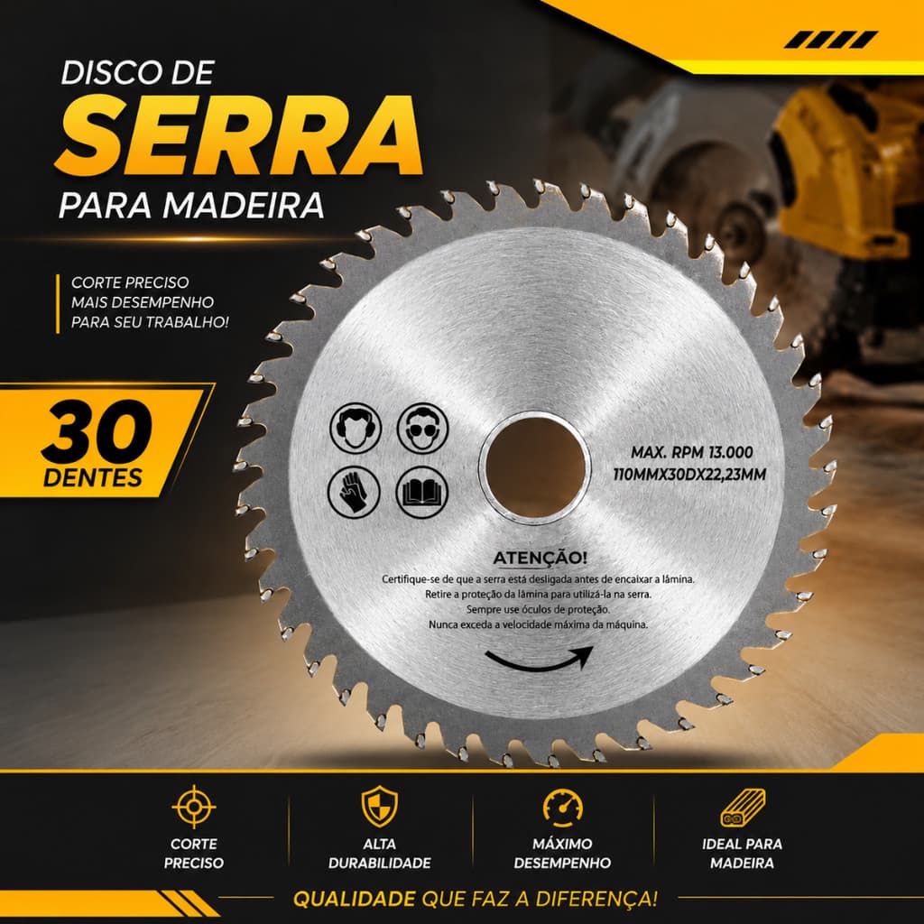 Disco Serra Circular Madeira 110mm 30 Dentes 22,23mm Compatível Makita Corte Rápido Profissional