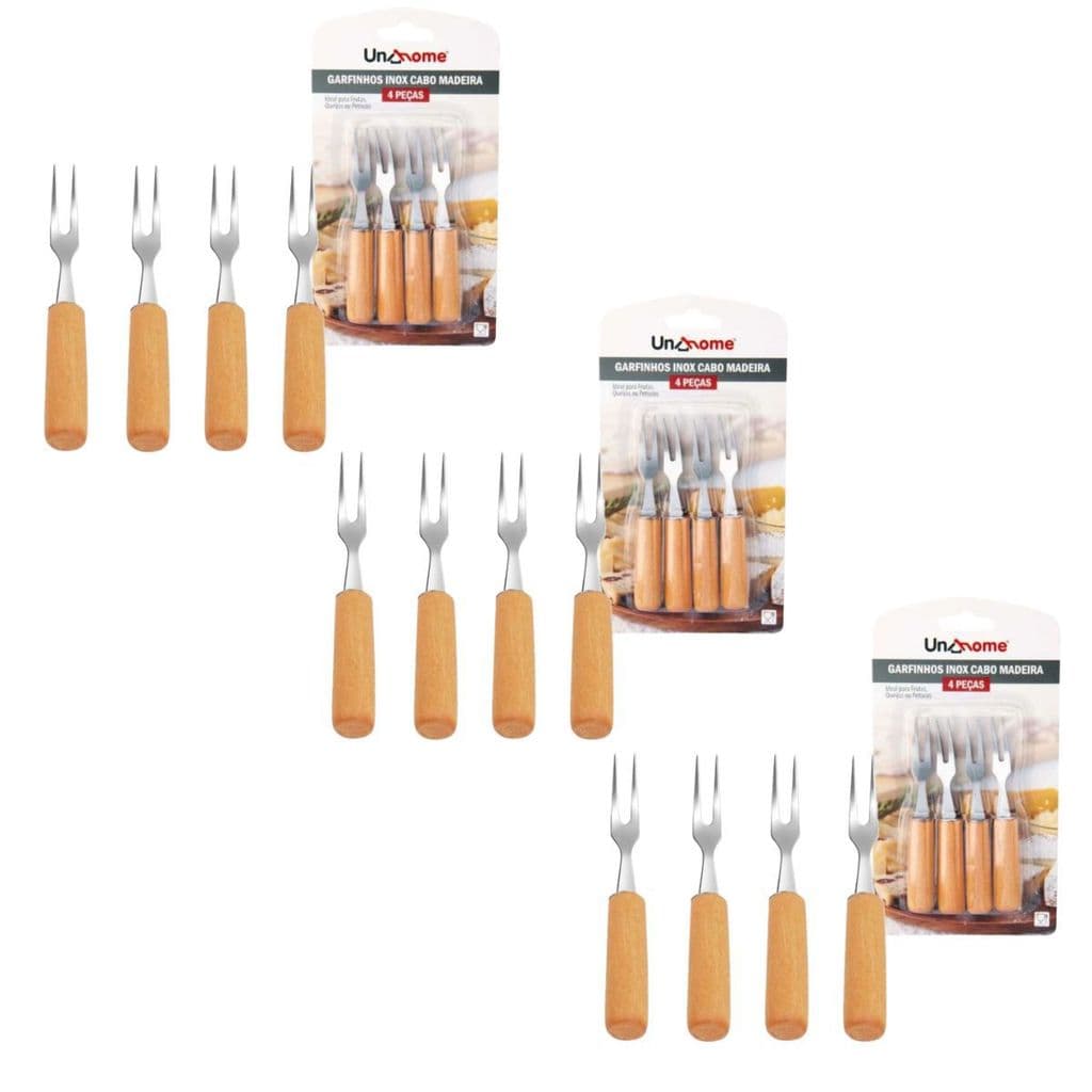 Kit Garfinhos Garfo Frios Frutas 12 Peças Inox Cabo de Madeira Utensílios Petisco Cozinha Gourmet Talher Elegante