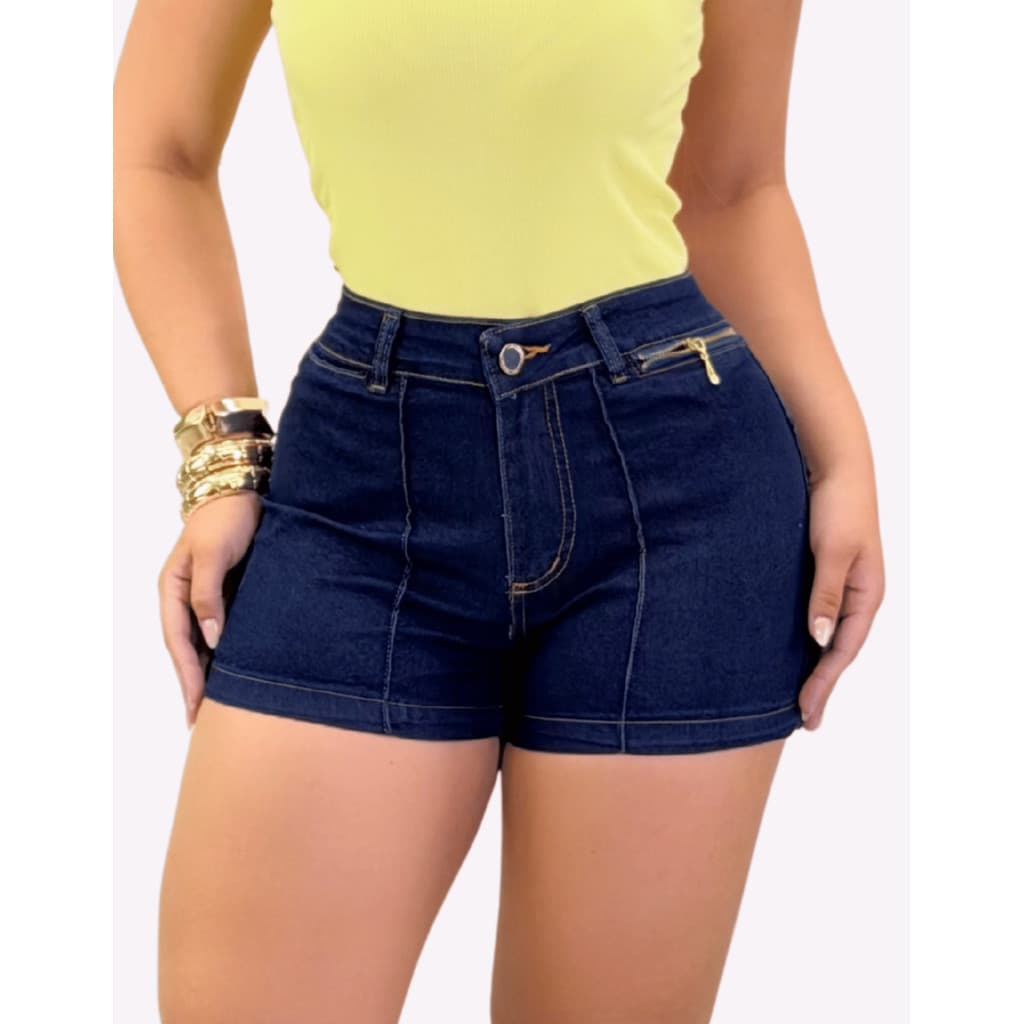 Short Jeans Feminino Cintura Alta Bolso Com Zíper Stretch Modelador - Universo Fitness 👑
