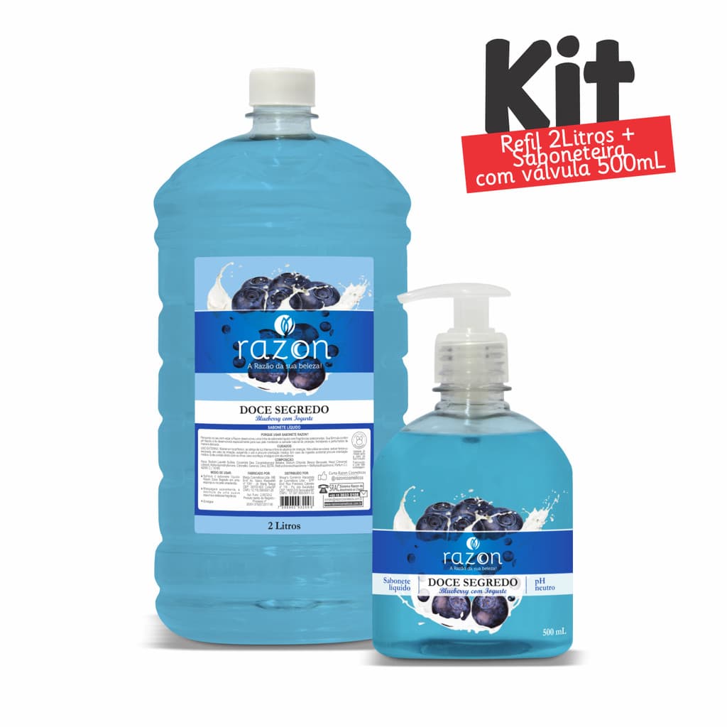 Kit 1 Sabonete Liquido 2L Refil + 1 Sabonete 500ml Doce Segredo (Blueberry com Iogurte) - Razon Cosmeticos