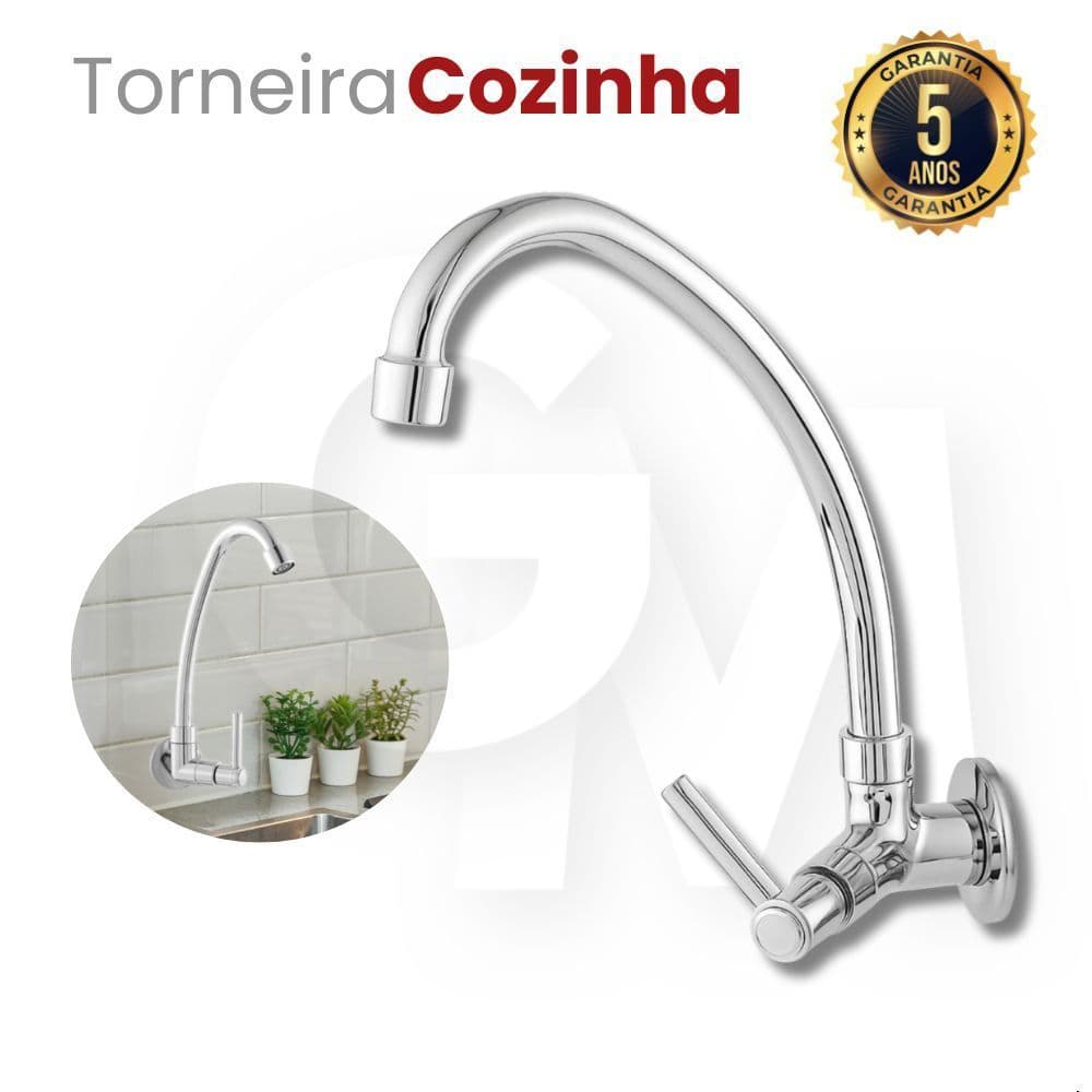 Torneira de Cozinha Cromada de  Parede – Bica Móvel 3/4 de Volta - Metal