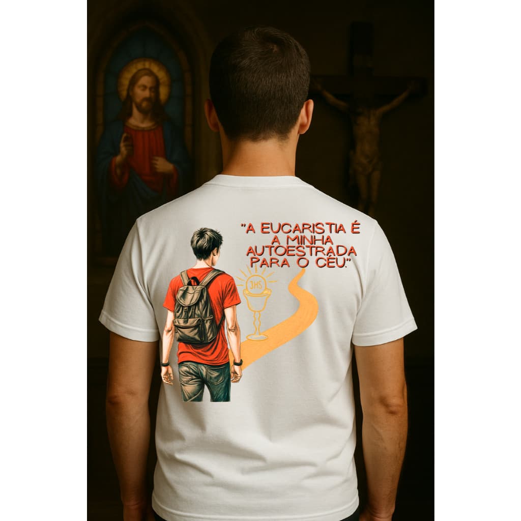 Camiseta Unissex Menino Santo A Eucaristia é a minha autoestrada para o céu Tecido 100% Algodão
