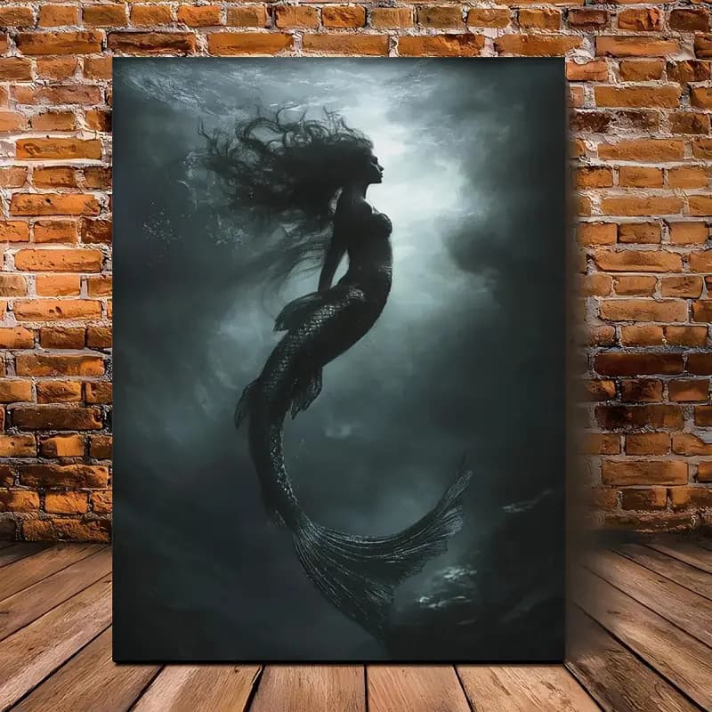 Quadro Decorativo Sereia Tons Escuros Mistério Mágico Calda Mar