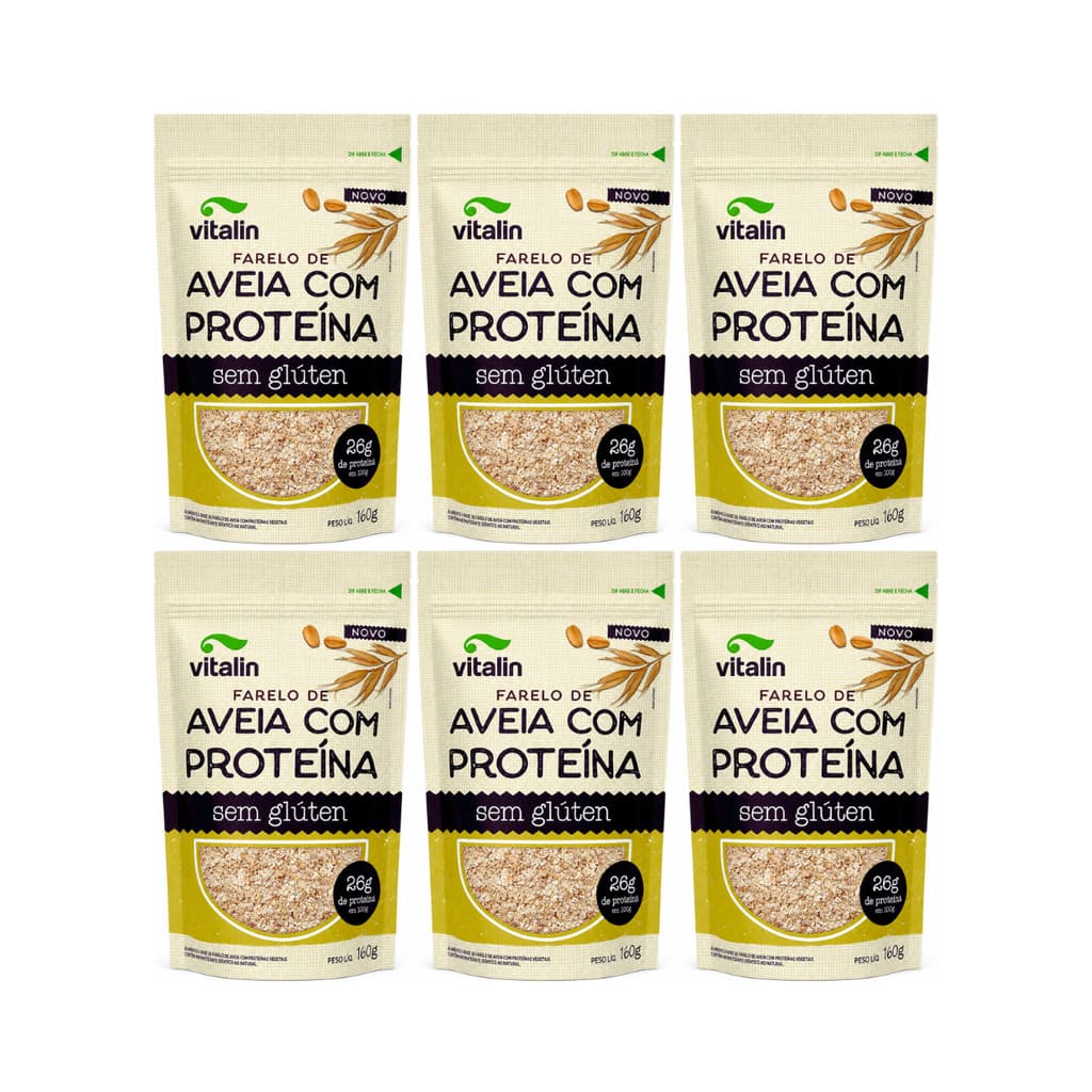 Kit 6 Farelo de Aveia com Proteína 160g Vitalin Sem Glúten 🌾