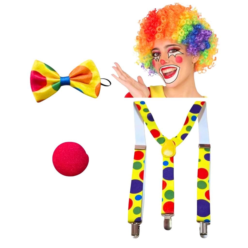 Kit Palhaço Peruca + Suspensorio + Gravata + Nariz festas fantasia carnaval cosplay circo animador