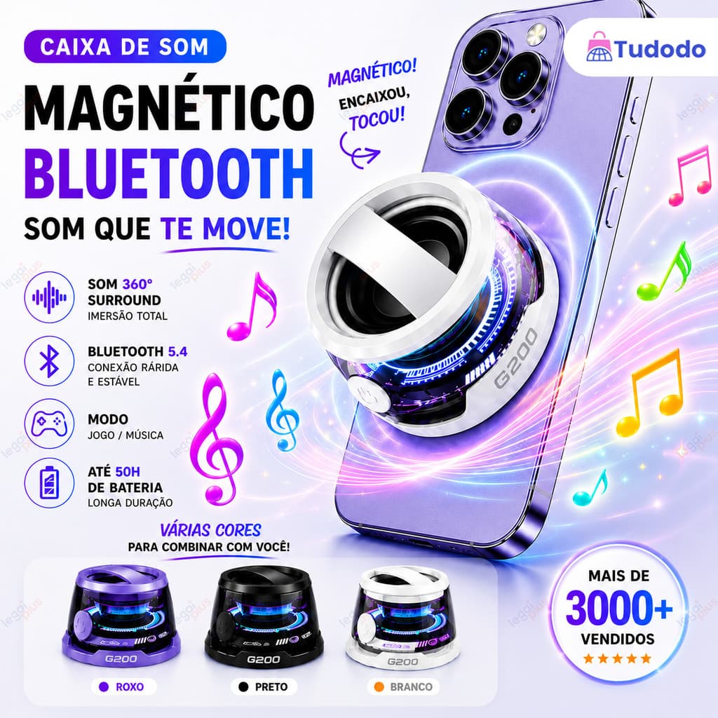 Alto-Falante Bluetooth Com Luz Ambiente LED-Mini Caixa De Som Magnética Portátil À Prova D'água