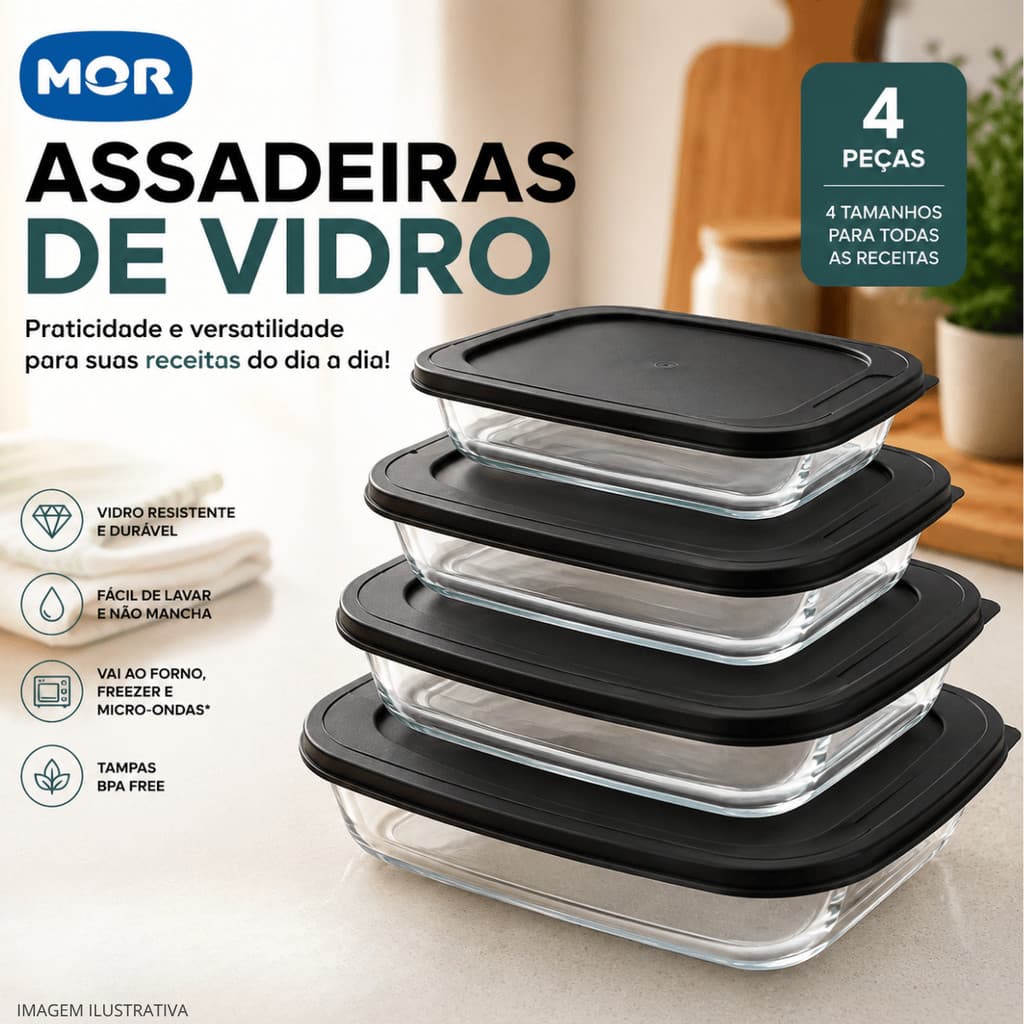 Kit 4 Assadeiras Retangulares de Vidro com Tampa Mor – Refratário Lasanheira Forno e Mesa 1L a 3L