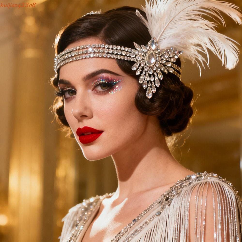 HUIJIANG Faixa De Cabeça De Penas , Vestido De Cosplay De Lantejoulas Vintage , Cabelo Elegante De Máscaras De Zircônia