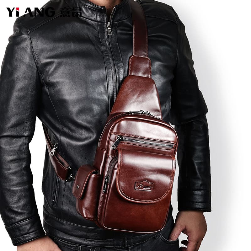 Bolsa de peito masculina de couro genuíno, bolsa transversal de primeira camada, grande capacidade, resistente ao desgas