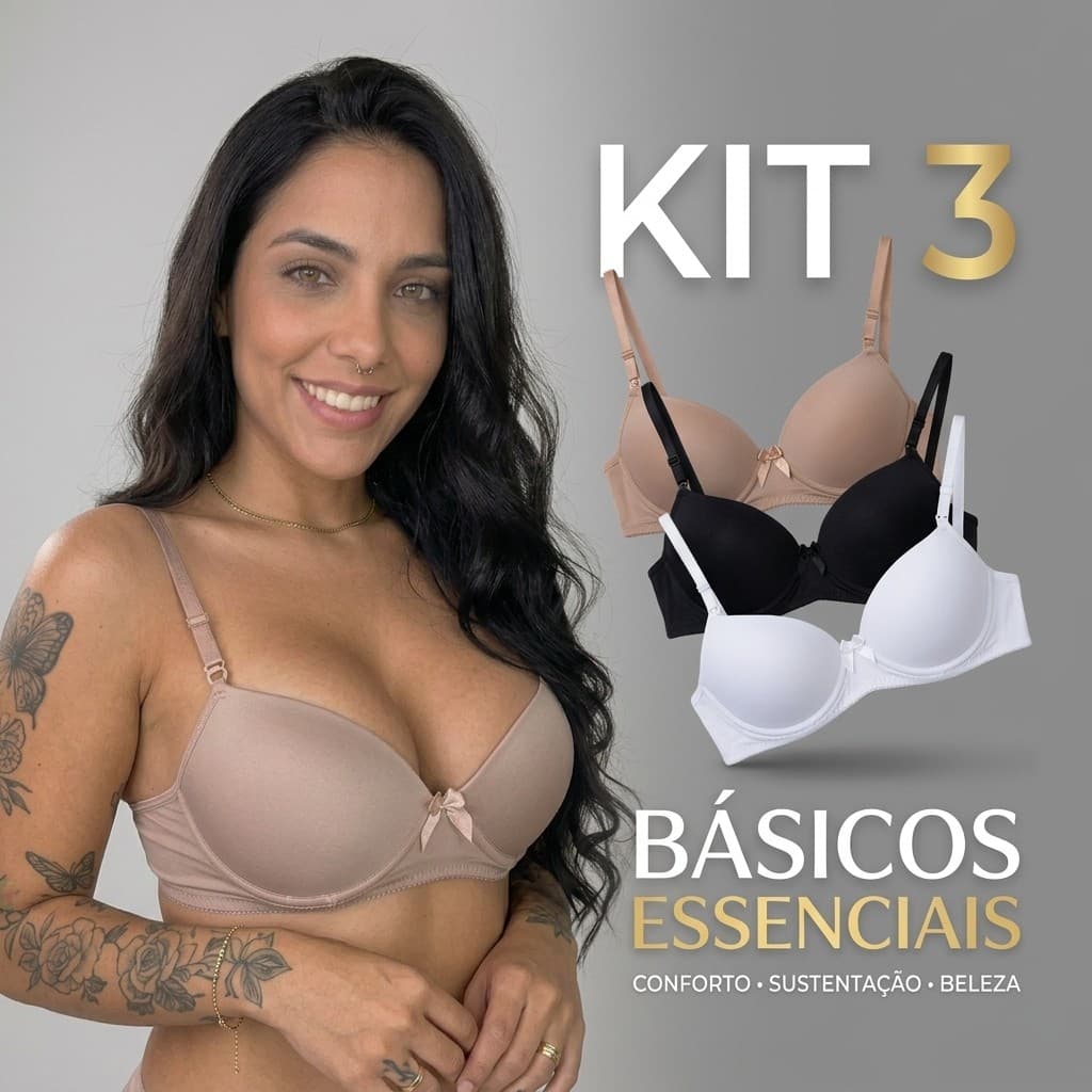 kit c/3 Sutiã Básico Reforçado de Microfibra Com Bojo do P ao GG PROMOÇÃO