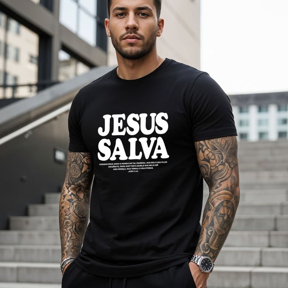 Camiseta Masculina Jesus Salva Algodão 30.1 Casual Gospel Academia Casual Street