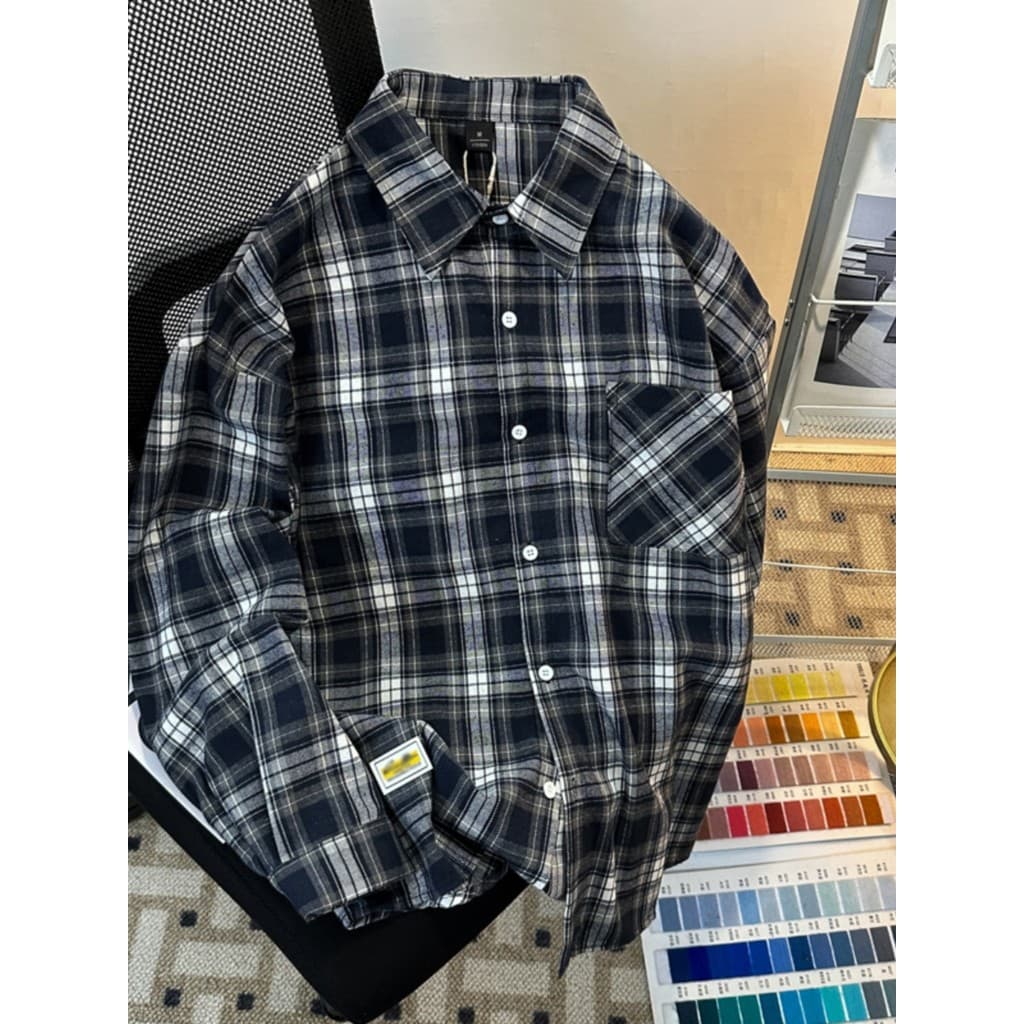 Camisa xadrez retrô americana masculina primavera outono vintage camisa de manga comprida solta roupa de rua jaqueta Cas