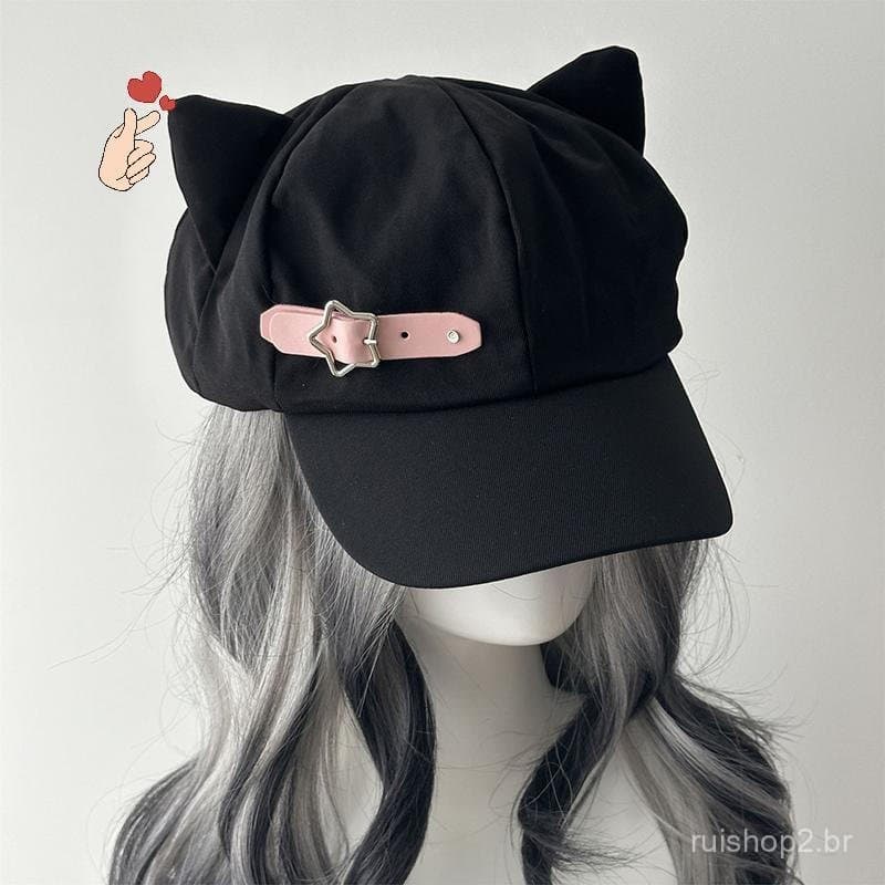 Boina Feminina Com Orelhas De Gato Harajuku Gótica Lolita Y2K Para Meninas Steampunk Punk Zíper Feito À Mão Boné