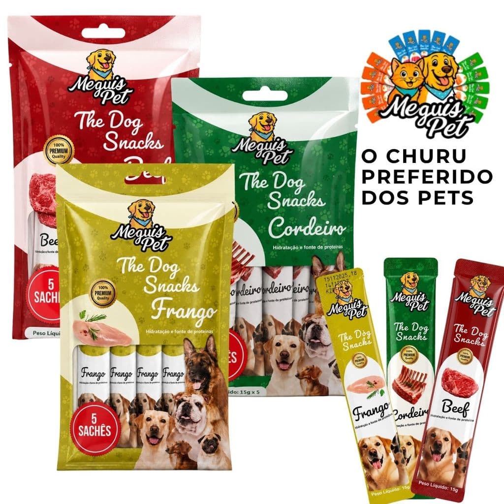 Kit 15 Petisco Churu MeguisPet Snack Cremoso p/Cachorro Frango Beef Cordeiro Tubetes 15 Und 15gr