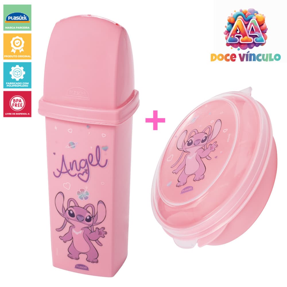 Kit Higiene Saboneteira e Porta Escova Dentes Dental Case Infantil Angel Rosa Disney Volta as Aulas