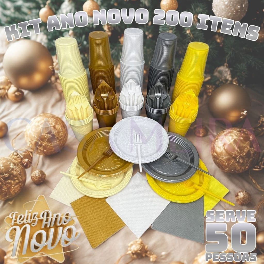 Kit 200 Itens P/ 50 Pessoas Festa Aniversário Completo Ano Novo Descartável Pratinho Copo Garfo Guardanapo