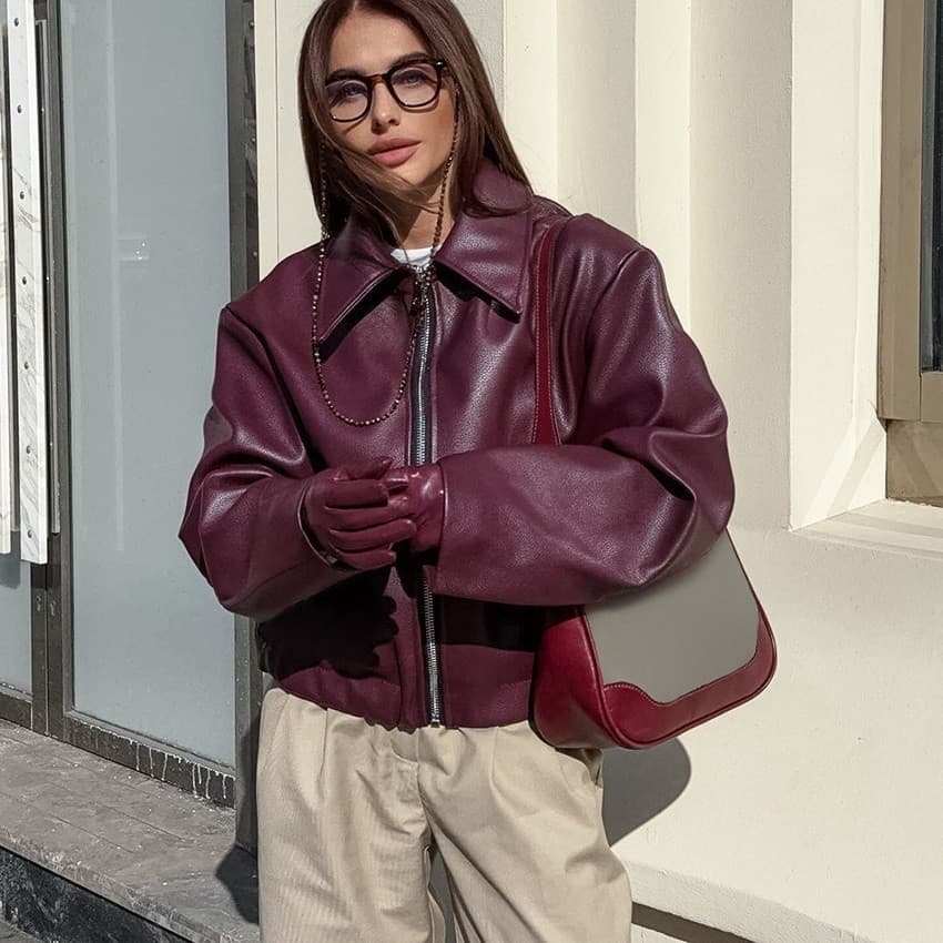 Jaqueta Feminina De Couro Pu Com Zíper Falso Oversized Motocicleta Bombardeiro Casacos Outwear