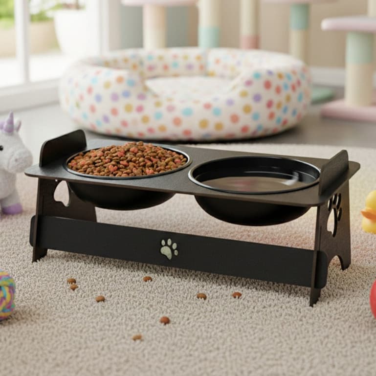 Comedouro Pet Duplo Elevado Com 2 Tigelas Vasilha Para Ração e Agua em Plástico e Madeira MDF