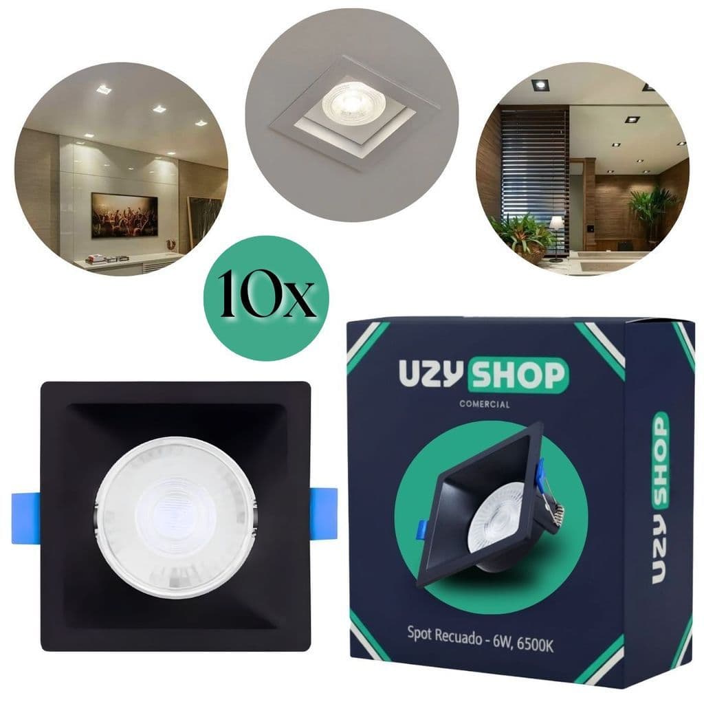 Kit 10 Spot Recuado LED 6W Embutir Com Lâmpada Dicroica Frio Quente Redondo Quadrado Branco Bivolt