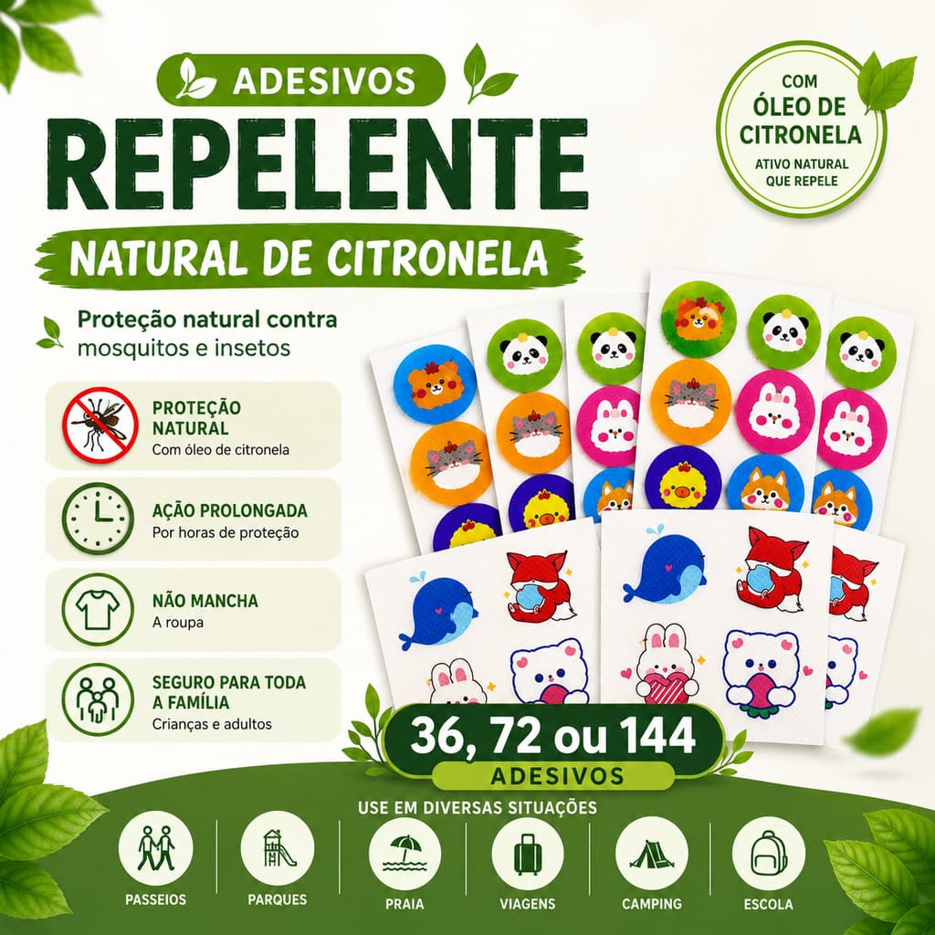 Kit 36/72/144 Adesivo Repelente Natural Infantil Com Citronela