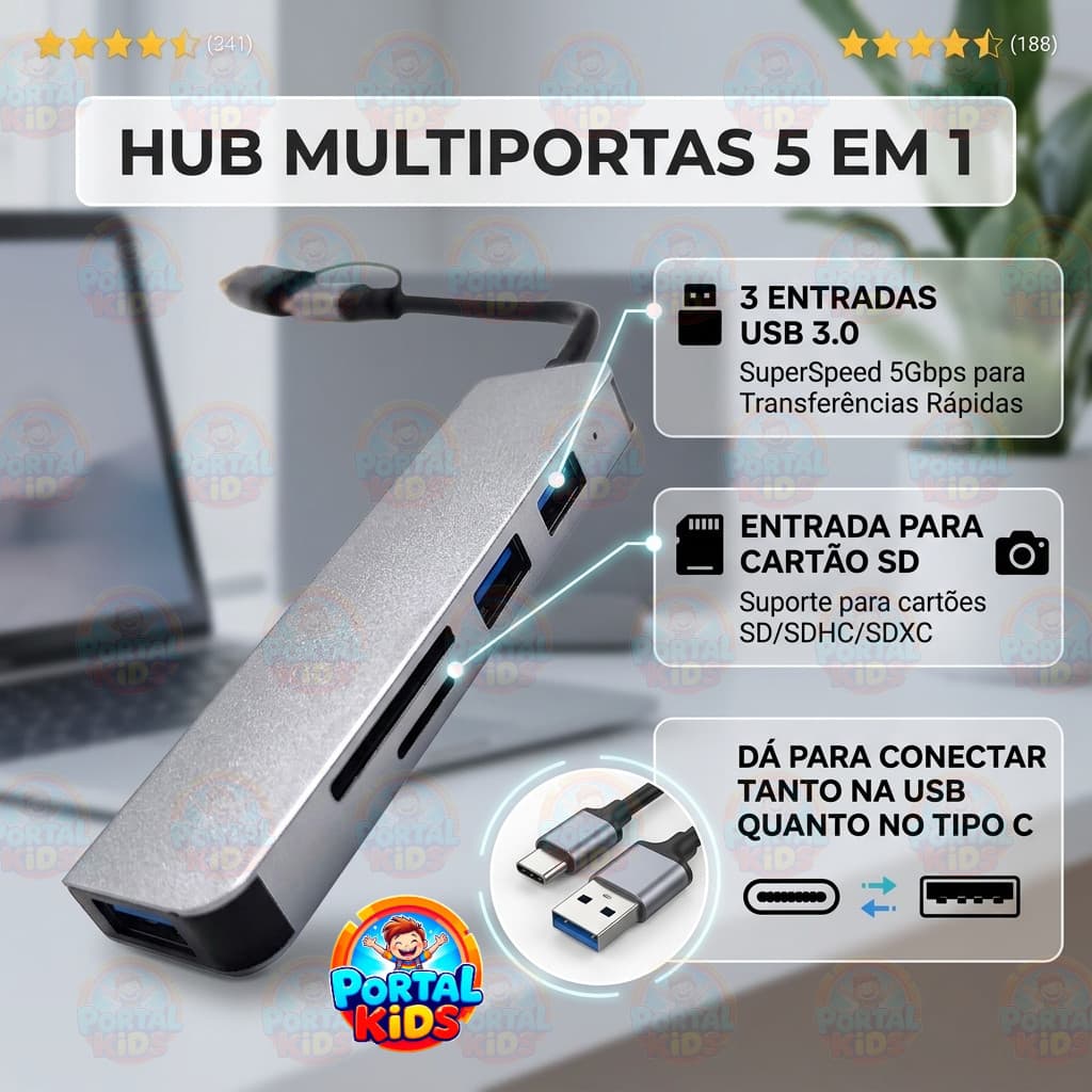 Hub USB Tipo-C 5 em 1 – USB 3.0 + Leitor de Cartão SD/TF + Adaptador Notebook Celular