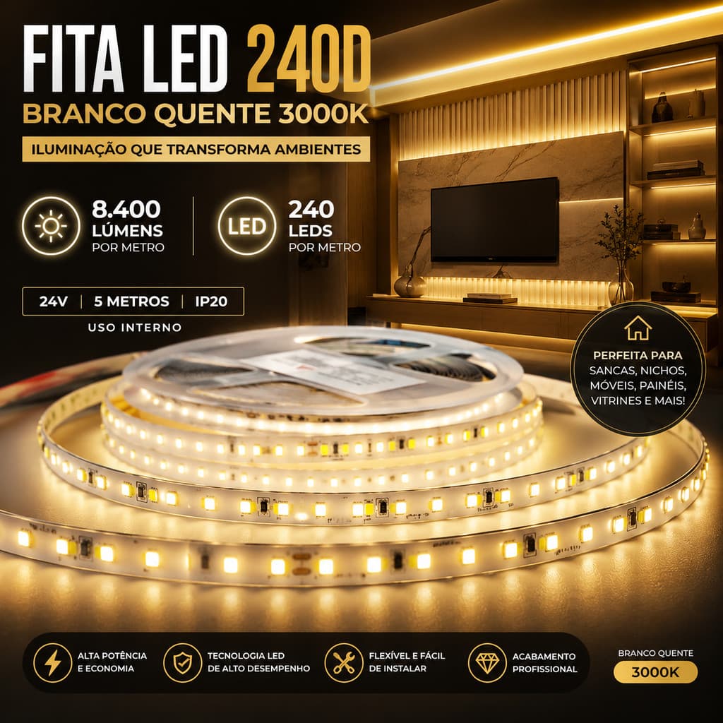 FITA LED 24V BRANCO QUENTE 5M 240 LEDS ALTA POTÊNCIA 8400 LÚMENS DECORAÇÃO PREMIUM