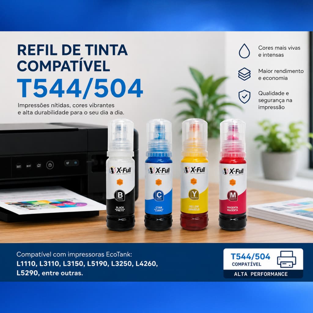 4 Tinta X-Full Para Impressora T544/504 Compativel L3150 L3250 L4160 L4250 70ml Cada Refil