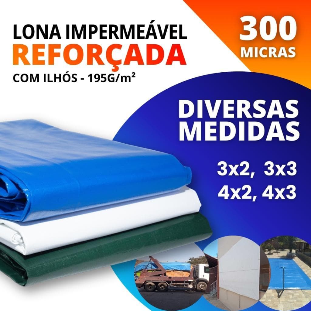 Lona Reforçada Impermeável 300 Micras 3x2 3x3 4x2 4x3 com Ilhós Multiuso Policarga Colorida